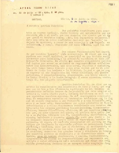 [Carta] 1950 jul. 6, Santiago, [Chile] [a] Gabriela [Mistral]  [manuscrito] Ángel Pizarro Rojas.
