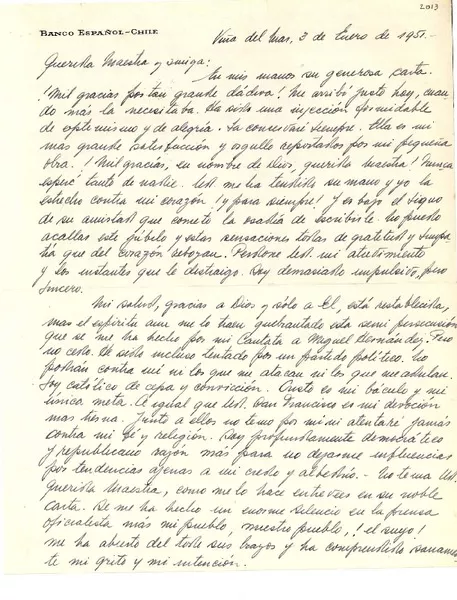 [Carta] 1951 ene. 3, Viña del Mar [a] Gabriela Mistral  [manuscrito] Armando Solari.