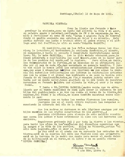 [Carta] 1951 mayo 15, Santiago, Chile [a] Gabriela Mistral  [manuscrito] Práxedes Urrutia T.