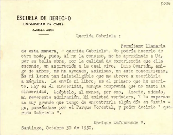 [Tarjeta] 1950 oct. 30, Santiago [a] Gabriela Mistral  [manuscrito] Enrique Lafourcade V.