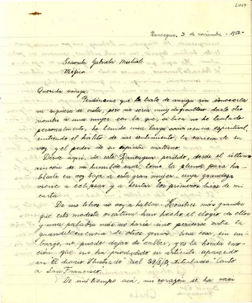 [Carta] 1950 nov. 3, Rancagua [a] Gabriela Mistral, Méjico  [manuscrito] Salvador Bendava C.