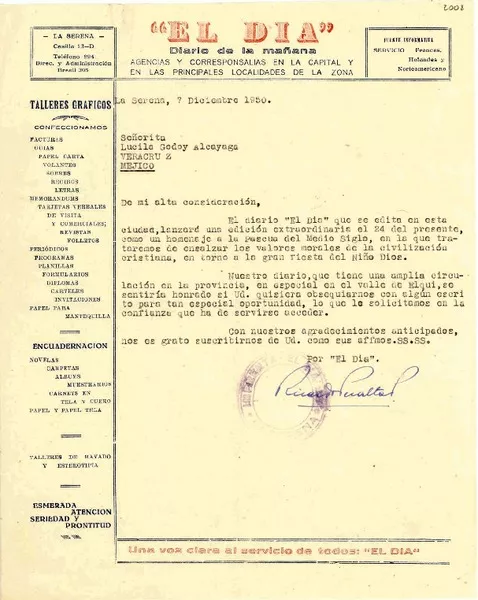 [Carta] 1950 dic. 7, La Serena [a] Gabriela Mistral, Veracruz, Méjico  [manuscrito] Ricardo Peralta P.