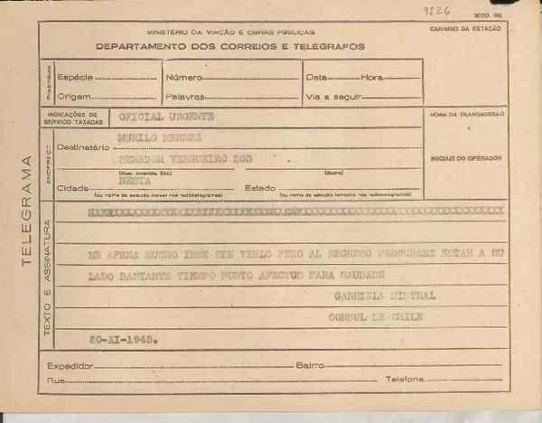 [Telegrama] 1945 nov. 20, [Brasil] [a] Murilo Méndez [i.e. Mendes], [Rio de Janeiro, Brasil]  [manuscrito] Gabriela Mistral.