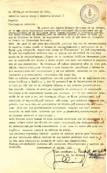 [Carta] 1951 oct. 19, La Serena, [Chile] [a] Lucila Godoy, Rapallo, [Italia]  [manuscrito] Juan Hernández L.