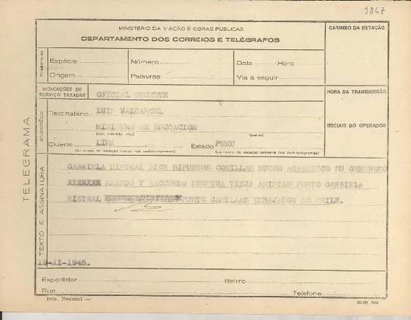 [Telegrama] 1945 nov. 19, [Brasil] [a] Luis Valcarcel, Lima, Perú  [manuscrito] Gabriela Mistral.