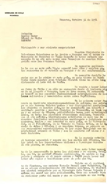 [Carta] 1951 oct. 31, Managua, [Nicaragua] [a] Lucila Godoy, Rapallo, [Italia]  [manuscrito] Fernando Lorca Cortínez.