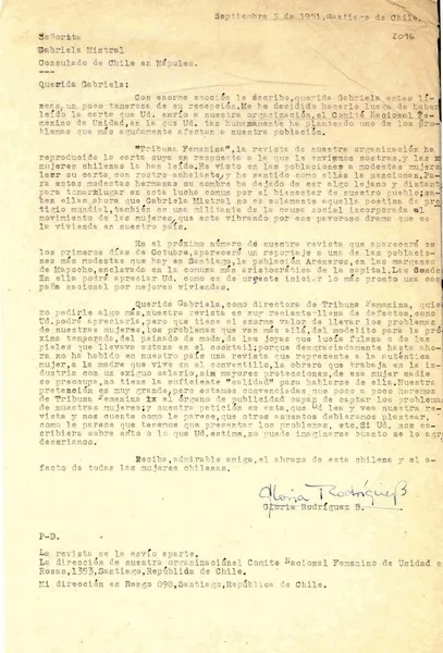 [Carta] 1951 sept. 5, Santiago, Chile [a] Gabriela Mistral, Nápoles  [manuscrito] Gloria Rodríguez B.