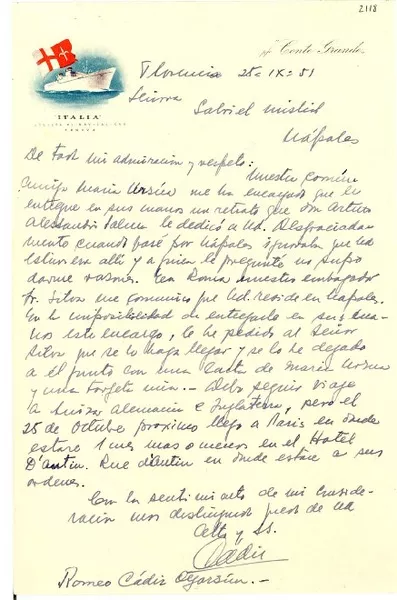 [Carta] 1951 sept. 25, Florencia, [Italia] [a] Gabriela Mistral, Nápoles, [Italia]  [manuscrito] Romeo Cádiz Oyarzún.