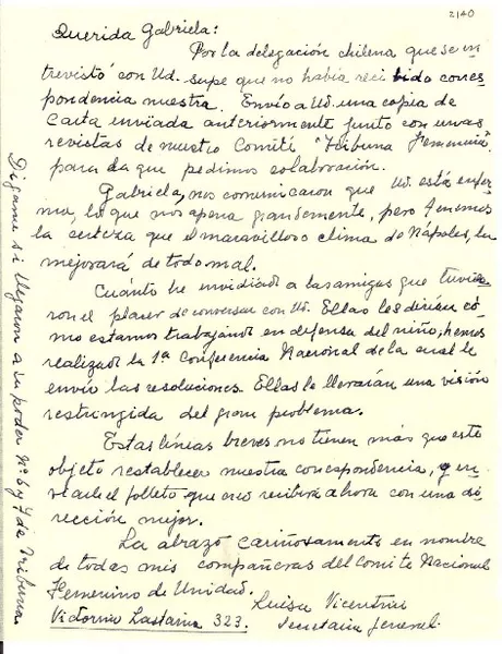 [Carta] 1952, Santiago [a] Gabriela Mistral, Nápoles  [manuscrito] Luisa Vicentini.