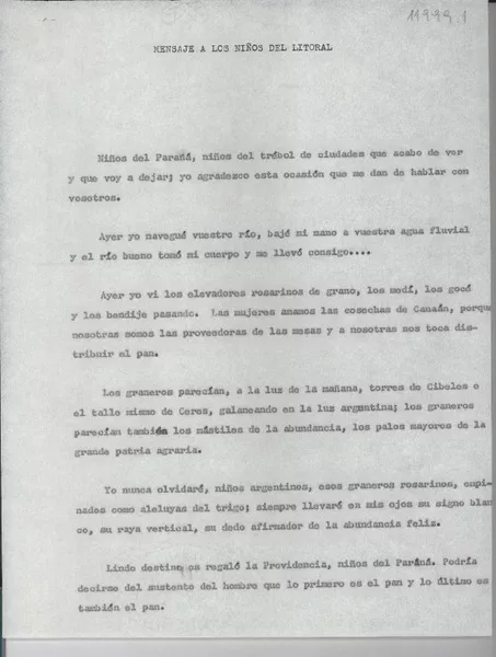 Mensaje a los niños del litoral  [manuscrito] [Gabriela Mistral].