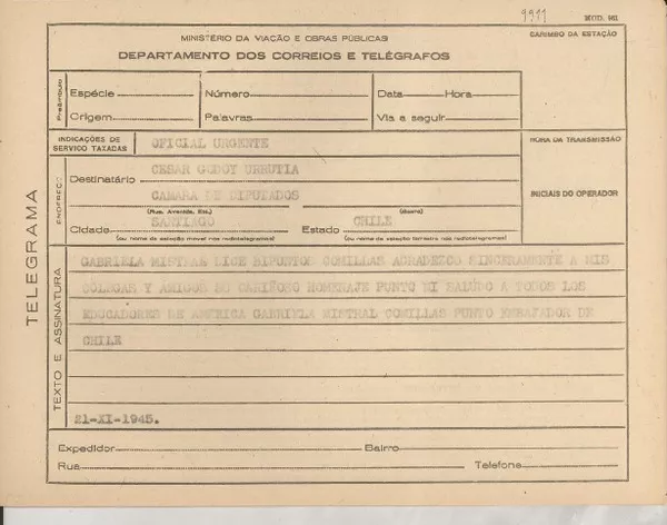[Telegrama] 1945 nov. 21, [Brasil] [a] César Godoy Urrutia, Santiago, Chile  [manuscrito] Gabriela Mistral.