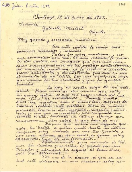 [Carta] 1952 jun. 12, Santiago, [Chile] [a] Gabriela Mistral, Nápoles, [Italia]  [manuscrito] Hilda Guerrero Valdés.
