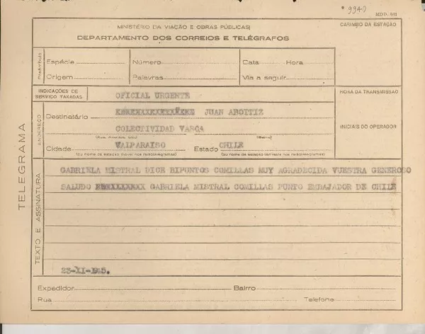 [Telegrama] 1945 nov. 23, [Brasil] [a] Juan Abóitiz, Valparaíso, Chile  [manuscrito] Gabriela Mistral.