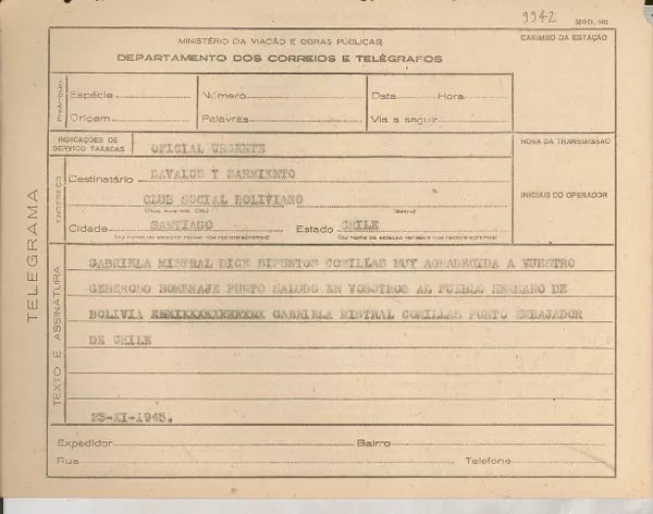 [Telegrama] 1945 nov. 23, [Brasil] [a] [José] Davalos, [Ysaac] Sarmiento, Santiago, Chile  [manuscrito] Gabriela Mistral.