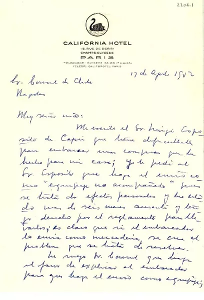 [Carta] 1952 ago. 17, París, [Francia] [a] [Gabriela Mistral], Nápoles, [Italia]  [manuscrito] Angel Guarello.