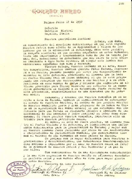 [Carta] 1952 jul. 12, Bulnes, [Chile] [a] Gabriela Mistral, Rapallo, Italia  [manuscrito] Comité Frente del Pueblo.