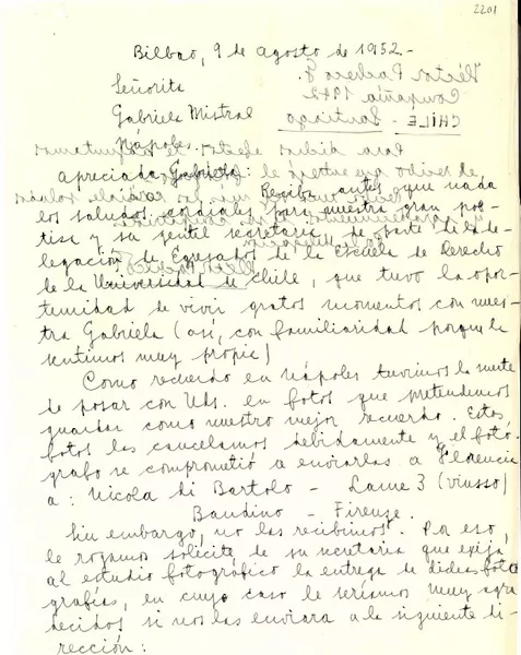 [Carta] 1952 ago. 9, Bilbao, [España] [a] Gabriela Mistral, Nápoles  [manuscrito] Héctor Pacheco G.