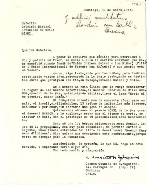 [Carta] 1953 ene. 30, Santiago, Chile [a] Gabriela Mistral, Consulado de Chile, Miami, [EE.UU.]  [manuscrito] Carmen Cousiño Eyzaguirre.