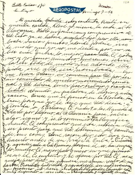 [Carta] 1952 dic. 7, Santiago [a] Gabriela Mistral  [manuscrito] Sixtina.