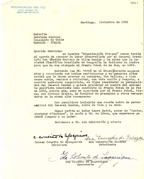 [Carta] 1952 dic, Santiago [a] Gabriela Mistral, Nápoles  [manuscrito] Carmen Cousiño de Eyzaguirre.