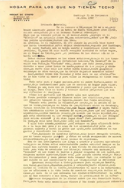 [Carta] 1953 nov. 15, Santiago [a] Gabriela Mistral  [manuscrito]Mercedes Echenique.