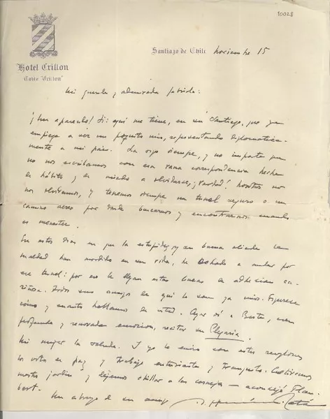 [Carta] [1935?] nov. 15, [Santiago], [Chile] [a] Gabriela [Mistral]  [manuscrito] A. Hernández Catá.
