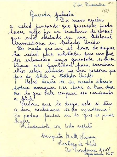 [Carta] 1953 dic. 5, Santiago, Chile [a] Gabriela Mistral  [manuscrito] Enriqueta Matte Larraín.