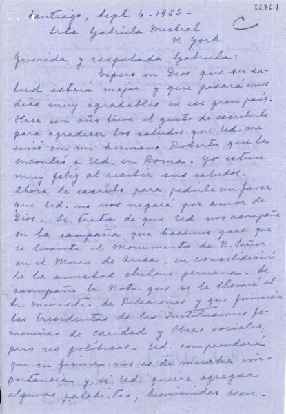 [Carta] 1953 sept. 6, Santiago, [Chile] [a] Gabriela Mistral, New York  [manuscrito] Teresa Ossandón G.