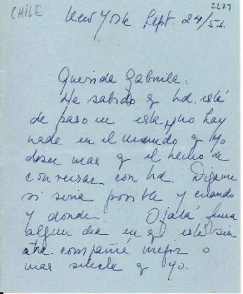 [Carta] 1953 sept. 24, New York, [EE.UU.] [a] Gabriela [Mistral]  [manuscrito] Inés Z. de Altamirano.