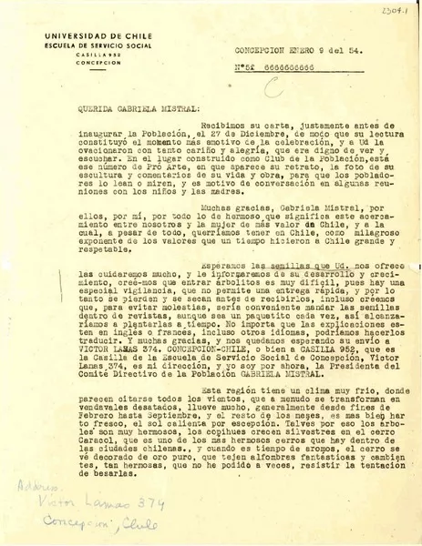 [Carta] 1954 ene. 9, Concepción [a] Gabriela Mistral  [manuscrito] Celia Cortés Mattalall.
