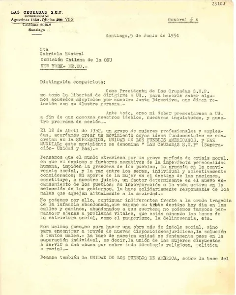 [Carta] 1954 jun. 5, Santiago, [Chile] [a] Gabriela Mistral, Comisión chilena de ONU, New York, EE.UU.  [manuscrito] María Urrutia Peña, Silvia Muñoz López.
