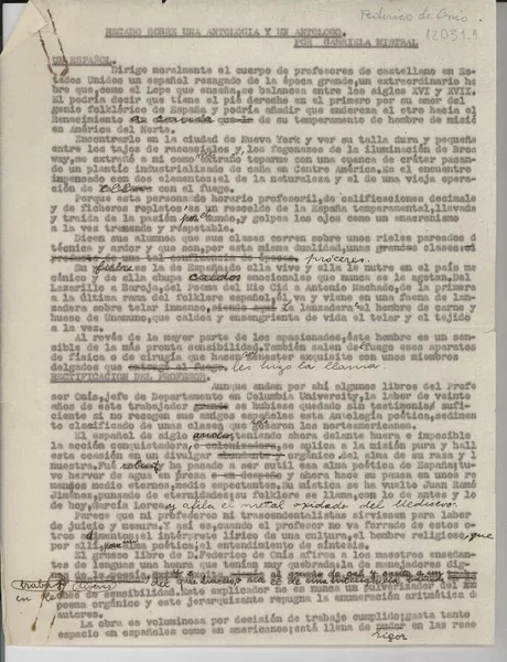 Recado sobre una antología y un antólogo  [manuscrito] G[abriela] M[istral].