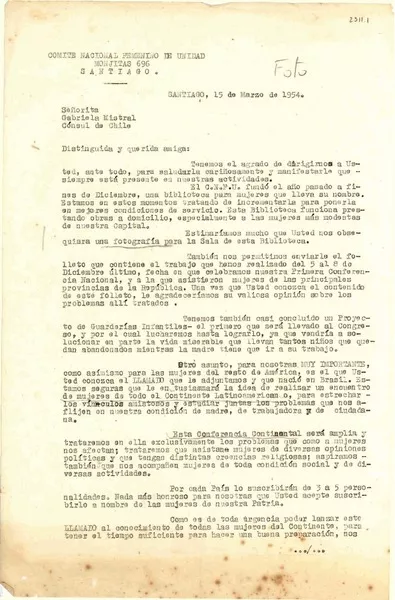 [Carta] 1954 mar. 15, Santiago, Chile [a] Gabriela Mistral  [manuscrito] Comité Nacional Femenino de Unidad.