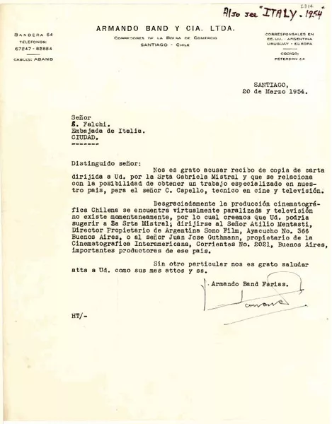 [Carta] 1954 mar. 20, Santiago, Chile [a] S. Falchi, Embajada de Italia  [manuscrito] Armando Band Farías.