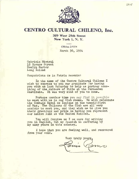[Carta] 1954 mar. 30, New York [a] Gabriela Mistral, Long Island  [manuscrito] Louis Romo.