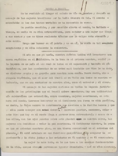 Saludo a Brasil  [manuscrito] [Gabriela Mistral].