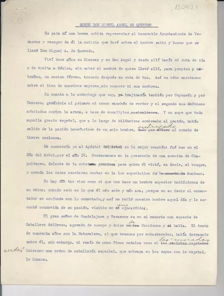 Sobre Don Miguel Ángel de Quevedo  [manuscrito] Gabriela Mistral.