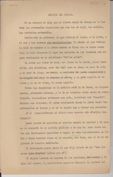 Sentido del oficio  [manuscrito] Gabriela Mistral.