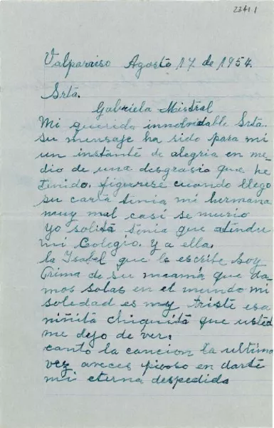 [Carta] 1954 ago. 17, Valparaíso, Chile [a] Gabriela Mistral  [manuscrito] María Isabel Ossandón.