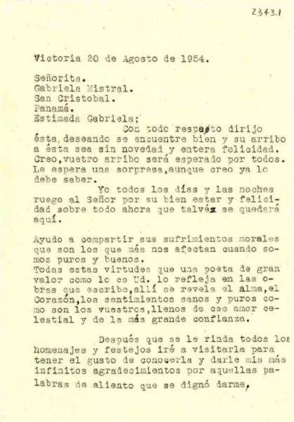 [Carta] 1954 ago. 20, Victoria, Chile [a] Gabriela Mistral, Panamá  [manuscrito] Luis García Cárcamo.