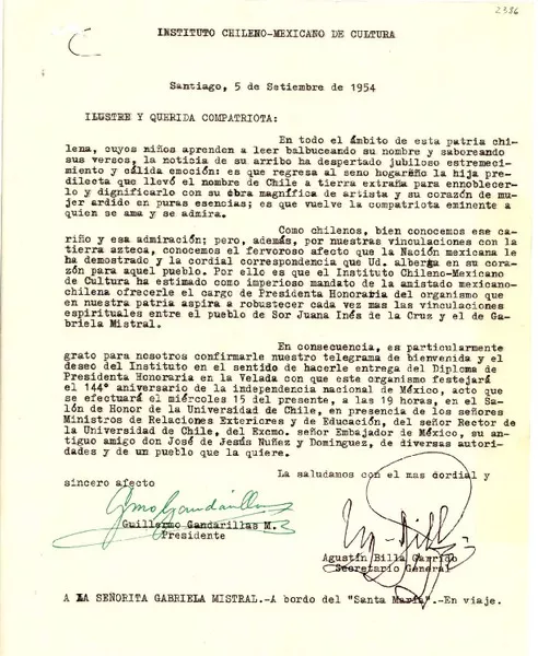 [Carta] 1954 sept. 5, Santiago, [Chile] [a] Gabriela Mistral, [Barco] Santa María  [manuscrito] Instituto Chileno-Mexicano de Cultura. Instituto