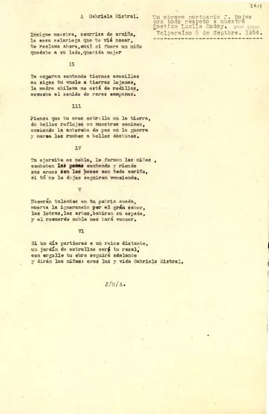 A Gabriela Mistral  [manuscrito] J. Rojas.