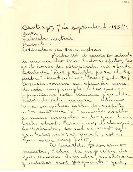 [Carta] 1954 sept. 7, Santiago [a] Gabriela Mistral  [manuscrito] César Baeza Sandoval.