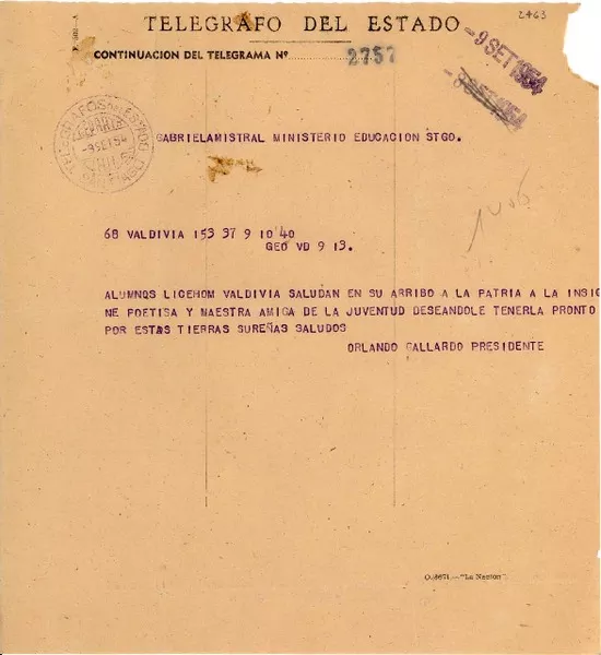 [Telegrama] 1954 sept. 9, Valdivia, [Chile] [a] Gabriela Mistral, Santiago, [Chile]  [manuscrito] Orlando Gallardo.