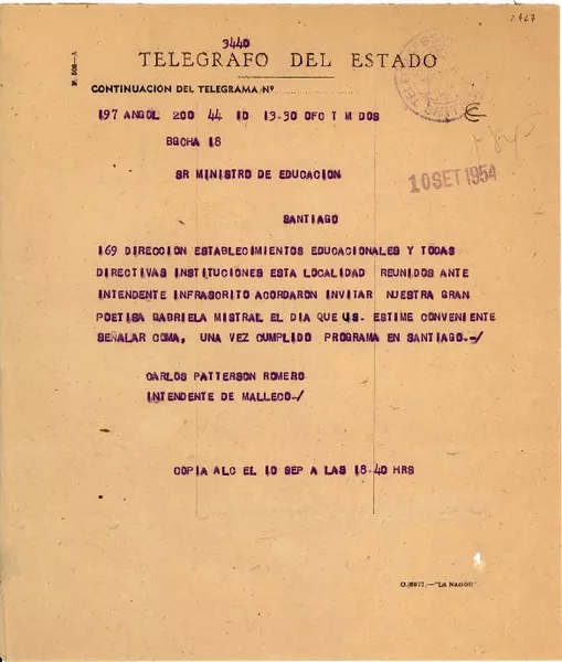 [Telegrama] 1954 sept. 10, Angol, [Chile] [al] Sr. Ministro de Educación, Santiago, [Chile]  [manuscrito] Carlos Patterson Romero.