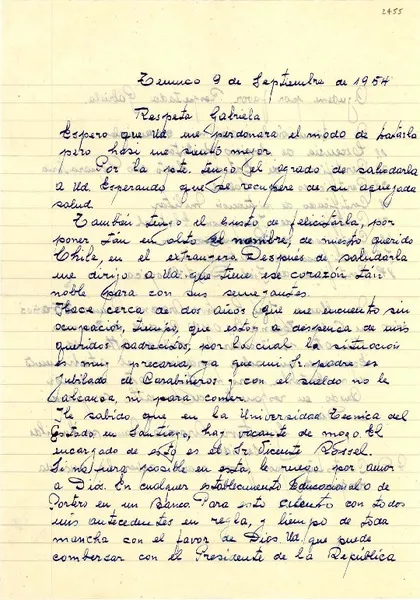 [Carta] 1954 sept. 9, Temuco [a] Gabriela Mistral  [manuscrito] J. Gustavo Aravena Ramos.