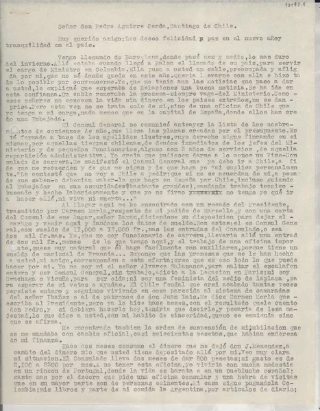 [Carta] 1934 feb. 17, Madrid, [España] [a] Pedro Aguirre Cerda, Santiago, Chile  [manuscrito] Gabriela Mistral.
