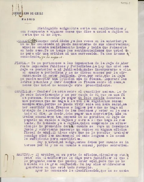 [Carta] [Madrid], [España] [al] Distinguido amigo  [manuscrito] [Gabriela Mistral].