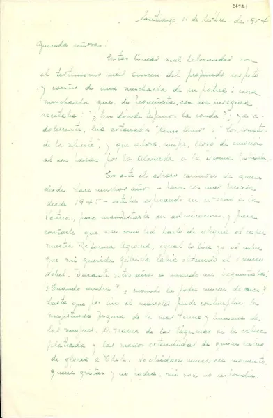 [Carta] 1954 sept. 11, Santiago [a] Gabriela Mistral  [manuscrito] María Lucila Cohen.