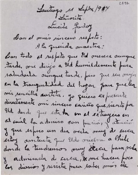 [Carta] 1954 sept. 11, Santiago [a] Lucila Godoy  [manuscrito] Gabriela E. de Tapia.